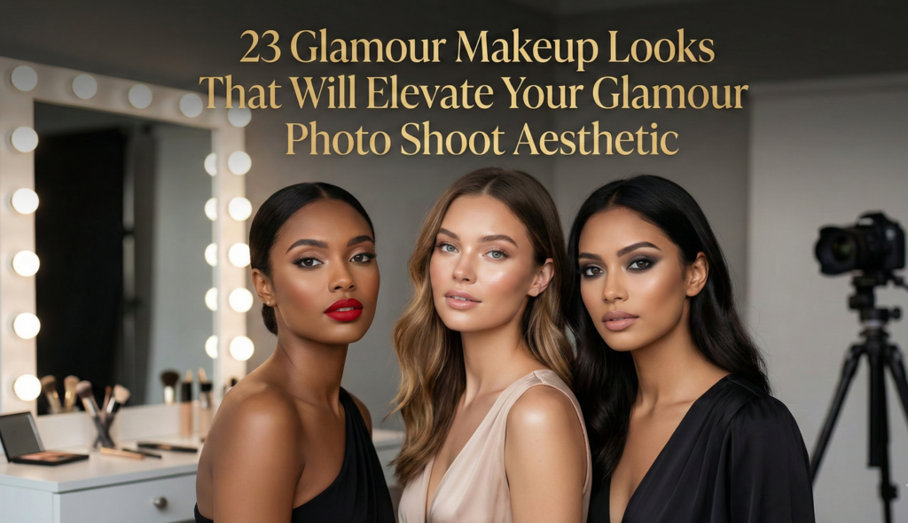 "Feature image with the gold text '23 Glamour Makeup Looks That Will Elevate Your Glamour Photo Shoot Aesthetic' at the top. Below the text, three diverse women pose with different professional glamour makeup styles, including a bold red lip, a soft natural glow, and a smokey eye look, in a photo studio setting with a lighted makeup mirror and a camera on a tripod."