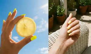 A two-panel photo of hands with yellow nails: left, neon yellow nails holding a lemon slice against a blue sky; right, pastel yellow nails resting on a white wicker chair on a sunny patio.
