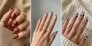 A three-panel collage of animal print almond nails. The left image shows a tortoise shell pattern, the middle shows subtle leopard print tips, and the right shows a cow print design.
