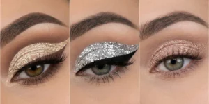 A triptych of extreme close-ups showing precise glitter cut crease eye makeup in champagne, chunky silver, and fine rose gold tones.