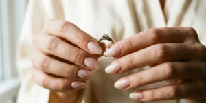 A photograph of hands holding a gold diamond ring. The medium-length oval nails have a semi-opaque creamy "milk bath" pink base with fine, shimmering veins of rose gold glitter mimicking quartz.