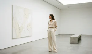 A woman dressed in elegant cream wide-leg trousers and a silk blouse standing in a minimalist art gallery, looking at a large textured abstract painting.