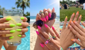 A three-panel collage of neon almond nails in sunny settings. The left shows neon lime green, the center has neon pink, and the right features neon tips on a nude base.