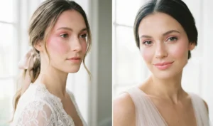 A diptych of soft, romantic bridal makeup featuring diffused pink tones on the cheekbones, eyelids, and lips in gentle window light.