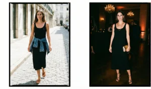 A two-panel collage showing the versatility of a black midi dress: styled casually for daytime with flat sandals and a denim jacket tied at the waist on the left, and elevated for evening with statement gold jewelry and heels at a reception on the right.