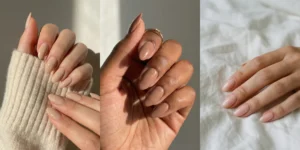 A three-panel split-screen photograph showing hands with almond-shaped nails in different nude shades. The left panel shows beige nude nails on a cream sweater, the center has glossy mocha nude nails on a darker hand holding a gold ring, and the right panel displays soft pink-nude nails on a white bedsheet.