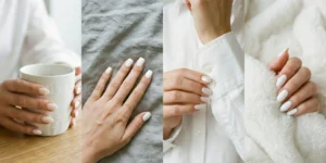 A four-panel photo of hands with white nails: far left, milky nails holding a white mug; center left, matte white nails on grey linen; center right, pearlescent nails buttoning a white shirt; far right, glossy white nails in a fluffy white blanket.