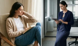 A two-panel collage showing cashmere cardigans: a woman reading in a chair wearing an open beige cardigan over a white tee on the left, and a woman in an office wearing a navy buttoned cardigan over a silk dress on the right.