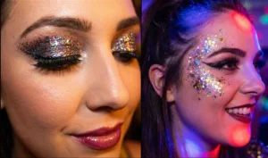 A diptych of fun party makeup showing dense, multi-colored eyelid glitter and artful chunky face glitter under colorful club lighting.