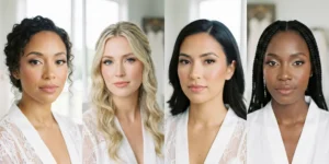 A quadriptych of four brides in white robes wearing timeless, radiant makeup with soft neutral eyeshadow, wispy lashes, and pinky-nude lips.