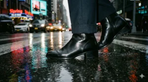 A ground-level close-up of black leather ankle boots walking on wet asphalt, splashing water and reflecting colorful city lights at night.