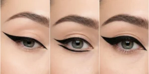A three-panel close-up collage emphasizing precise black eyeliner, showing elongated wings, double wings, and a thick graphic cat-eye.