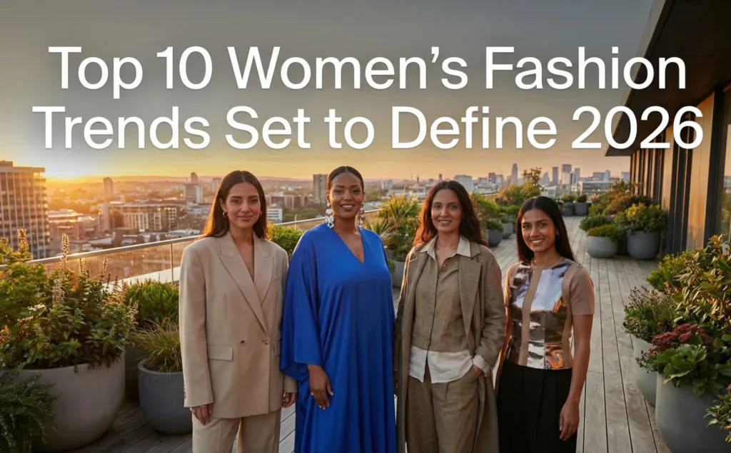 A wide-angle photograph of four diverse women posing on a rooftop garden at sunset overlooking a city skyline. They wear stylish modern outfits including a beige suit, a blue caftan, layered linen, and a metallic top. White text overlaid across the top reads: 'Top 10 Women’s Fashion Trends Set to Define 2026'