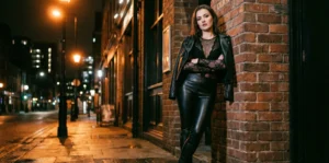 A woman with an edgy look wearing leather pants, a lace top, and a leather jacket leaning against a brick wall on a dimly lit city street at night.