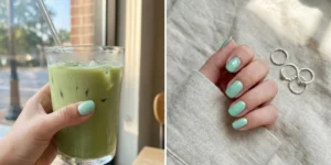 A two-panel photo of hands with mint green nails: left, holding a glass of iced matcha latte by a window; right, resting on beige linen fabric next to silver rings.