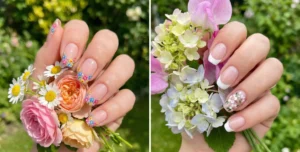 A split-screen image of two floral French tip almond nail designs. The left panel shows tips made entirely of tiny painted flowers, and the right shows white French tips with a flower accent on the ring finger.