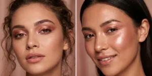 A diptych of two women wearing metallic rose gold eyeshadow and intense rose gold highlighter dusted on their cheekbones and noses.