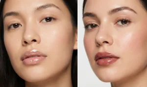 A diptych focusing on ultra-shiny lips, featuring clear glass-like lip gloss and pigmented rosy-brown lip gloss paired with glowing skin.
