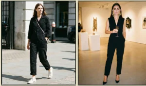 A two-panel street style collage of a black minimal jumpsuit: a casual utility-style jumpsuit with white sneakers during the day on the left, and a tailored sleeveless jumpsuit with heels and statement earrings at an evening gallery opening on the right.