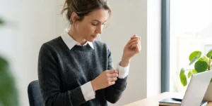 A woman seated at a desk in a bright home office, wearing a grey sweater layered over a white button-down shirt, adjusting her sleeve cuff.
