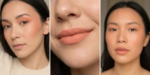 A three-panel collage of women wearing cohesive, warm monochrome peach tones across their eyeshadow, blush, and matte lipstick.