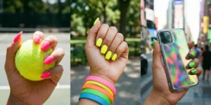 A three-panel photo of hands with neon nails: left, neon pink nails holding a yellow tennis ball; center, neon yellow nails wearing colorful rubber wristbands; right, neon green nails holding a phone with an iridescent case in a city.