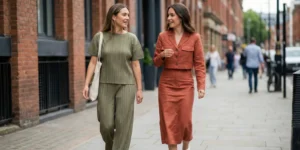 Two stylish women walking and smiling on a city street, wearing modern co-ord sets in pleated olive green and terracotta colors.