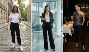 A triptych photograph showing three different women wearing black tailored trousers: cropped trousers with a white tee on a cobblestone street, wide-leg trousers with a blazer in a modern office lobby, and tapered trousers with a statement top at an evening dinner.