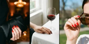 A three-panel photo showing hands with red nails in different settings: left, holding a black clutch at a party; center, square burgundy nails next to a glass of red wine; right, adjusting sunglasses outdoors.