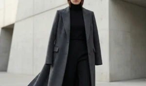 A detailed fashion shot focusing on the silhouette and fabric texture of a woman wearing a tailored charcoal grey long coat over a monochrome black outfit against a minimalist concrete architectural background.