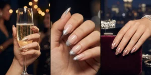 A three-panel split-screen showing glittery almond nails. The left panel has gold glitter gradient nails holding a champagne glass, the center has silver glitter tips, and the right has rose gold full glitter nails on a velvet clutch.