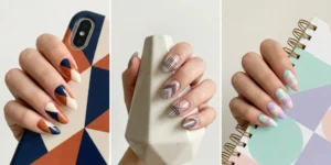 A three-panel collage of geometric almond nail art. The left image shows triangle color blocks, the middle has fine line black and white patterns, and the right shows pastel geometric shapes.