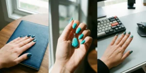 A three-panel photo of hands with teal nails: left, deep teal nails on a blue notebook; center, bright turquoise nails holding a turquoise stone pendant; right, greenish-teal nails on a desk next to a keyboard.