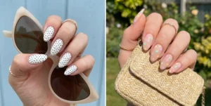 A two-panel collage of polka dot almond nails. The left image shows tiny black dots on a white base, and the right shows pastel multi-colored dots on a nude base.