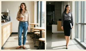 A two-panel collage showing silk blouses: a beige silk blouse paired effortlessly with vintage blue jeans in a sunlit cafe on the left, and a charcoal grey silk blouse tucked into a black pencil skirt in a professional office lobby on the right.