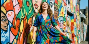 A wide view of a woman with flowing hair spinning in a historic stone alleyway, wearing a translucent white shirt and denim jeans, backlit by sunlight
