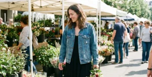 A candid outdoor shot of a smiling woman wearing a worn denim jacket over a black maxi dress, holding a bouquet of wildflowers while browsing a bustling outdoor flower market.