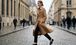 A full-body shot of a woman in a camel trench coat walking across a wet cobblestone street in a European city.