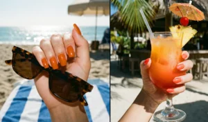 A two-panel sunny photo of hands with orange nails: left, tangerine nails holding sunglasses on a beach towel; right, coral nails holding a colorful tropical cocktail at a beach bar.