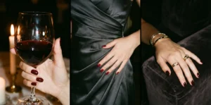 A three-panel elegant evening photo of hands with dark red nails: left, deep wine red nails holding a glass of red wine; center, cranberry nails on a dark silk dress; right, dark burgundy nails wearing gold rings on a velvet surface.