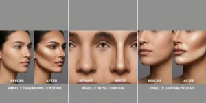 A three-panel before-and-after collage demonstrating the transformative effects of cheekbone, nose, and jawline contouring.