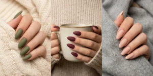 A three-panel collage of matte almond nails with knit backgrounds. The left shows matte olive green, the center shows matte burgundy, and the right shows matte nude with a glossy tip.