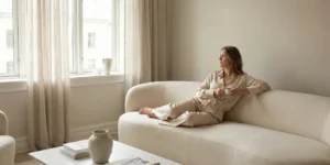 A woman lounging relaxedly on a curved minimalist beige sofa in a sunlit apartment, wearing a champagne-colored silk shirt and trouser co-ord set, holding a cup and looking out a large window.