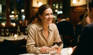 A woman wearing a beige silk blouse smiling warmly across a table in a dimly lit restaurant, with a glass of red wine in front of her.