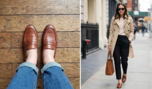A two-panel collage showing brown leather loafers: a top-down shot of feet wearing them with cuffed blue jeans on a wooden floor on the left, and a woman walking on a city sidewalk wearing them with black trousers and a trench coat on the right.