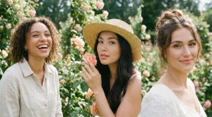 A triptych of three women smiling in a sunlit garden, wearing minimal, natural-looking makeup that shows their skin texture and freckles.