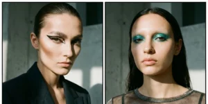 A diptych of editorial makeup showing severe cheek contouring, graphic black eyeliner shapes, and glossy, wet-look colorful eyelids.