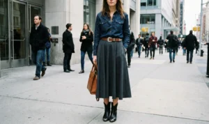 Full-body street style shot of a woman standing on a city sidewalk, wearing a denim shirt tucked into a grey midi skirt, a brown western-style belt, and black ankle cowboy boots.