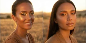 A diptych photograph of two women outdoors at golden hour, highlighting sun-kissed bronzed skin, shimmering gold eyeshadow, and intense golden highlighter.