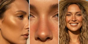 A three-panel collage focusing on heavy, warm terracotta bronzer and blush applied to the cheeks and nose bridge for a sun-kissed summer glow.